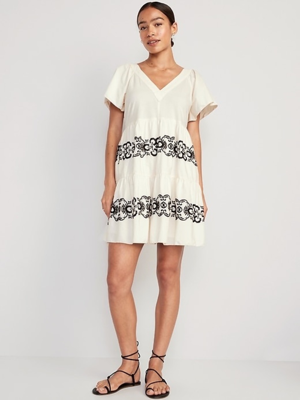 Old Navy Cream Mini Dress with Black Embroidery XL Tall